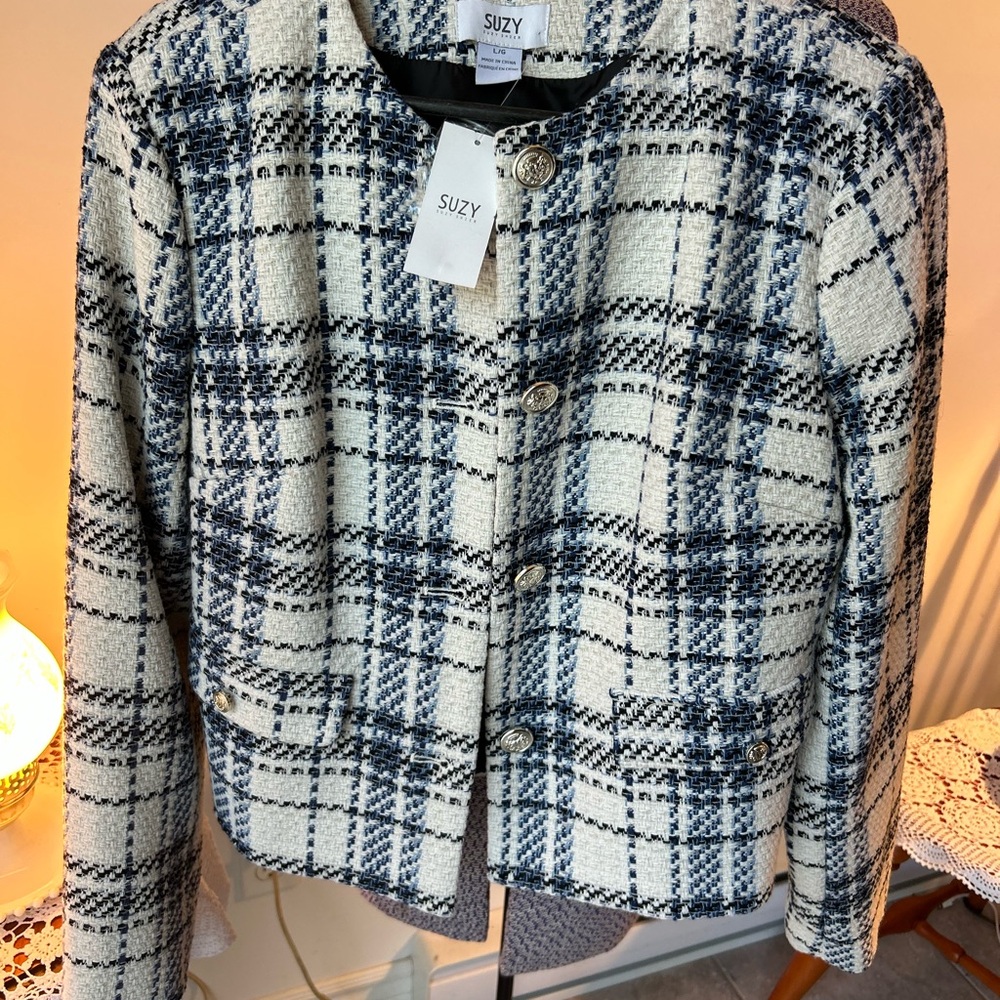 Women's Plaid Jacket - navy and White Suzy shier